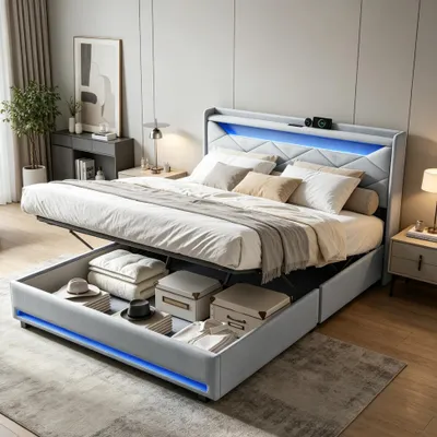Produktbild von INONEFT Polsterbett 140x200cm mit USB-LED, Doppelbett mit Kopfteil, Jugendbett, hydraulisches Boxspringbett, Stauraumbett mit Lattenrost, Leinen, Grau