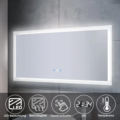 Immagine prodotto di SONNI Specchio da bagno 120x60cm Specchio da parete antiappannamento con illuminazione a LED Interruttore a sfioramento con orologio e display della temperatura IP44