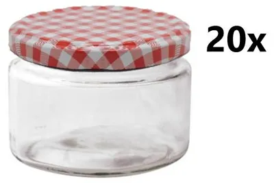 A clear glass jar with a red and white checkered lid, with the text '20x' to the right.