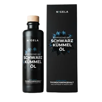 Produktbild von Nigela  Schwarzkümmelöl ungefiltert - Ägyptisches Schwarzkümmel Öl mit hohem Thymochinongehalt - In Bayern hergestellt