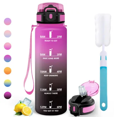 Produktbild von Trinkflasche 1l Auslaufsicher mit Zeitmarkierung & Strohhalm, Motswedi