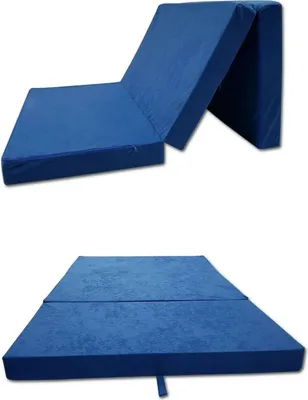 Collage of two images showing a blue foldable mattress.