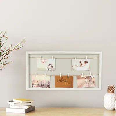 Produktbild von Relaxdays Bilderrahmen mit 10 Klammern und Leine, aus MDF, Holz und Hanfseil, 32 x 62 x 3 cm, modern