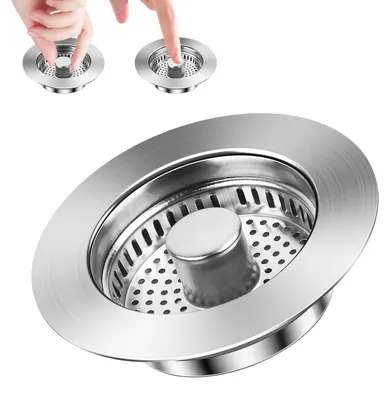 Produktbild von 3-in-1 Edelstahl-Pop-up-Abflussstopfen mit Sieb, Abflusssieb und Spülbeckenstopfen mit Antiverstopfungskorb für Küchenspülen mit 75-86 mm Löchern.