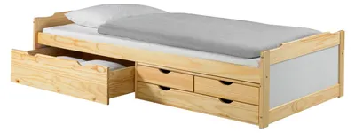 Produktbild von Bett mit Stauraum ANDREA Kiefer massiv weiss/natur 90x200 cm, Gästebett Tagesbett, 4 Schubladen