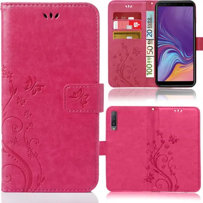 Produktbild von Handy Tasche für Samsung Galaxy A7 2018 Schutz Hülle Handyhülle mit Blumenmuster Klapp Hülle mit Standfunktion und Kartenfächer Pink