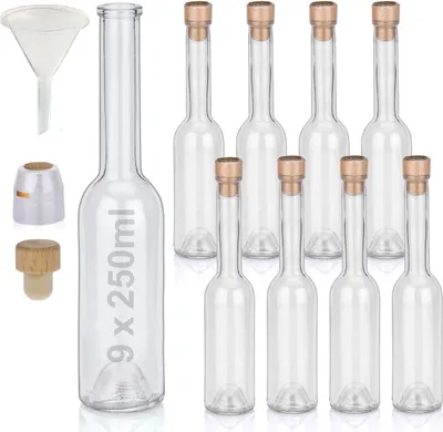 Produktbild von Flaschen Set 9 x 250ml hochwertige Glasflaschen leer mit Korken Schrumpfkapseln & 1 Trichter zum selbst Befüllen mit Gin Whisky Schnaps Likör Essig Öl e Flaschen Ginflaschen Whiskyflaschen