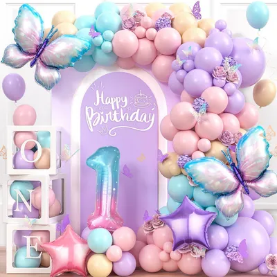 Image de Guirlande de ballons pour le premier anniversaire d'une fille, décorations sur le thème des papillons, comprenant une boîte à ballons