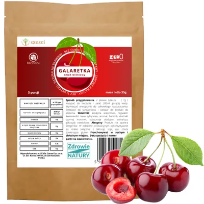 Zdjęcie produktu dla Galaretka bez cukru o smaku wiśniowym 35g - 5 porcji FIT KETO bez glutenu, bez tłuszczu, bez węglowodanów tylko 9,5 kcal porcja