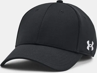 A black Under Armour baseball cap with a white logo on the side, shown from a three-quarter angle against a white background.
