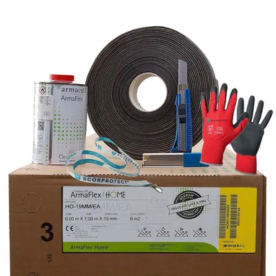 A kit for insulating pipes or similar applications, including a roll of insulation material, adhesive, a utility knife, gloves, and a measuring tape, all arranged on top of a cardboard box.