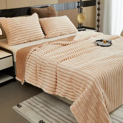 Produktbild von Kuscheldecke Flauschig Decke Fleecedecke – Weiche Warme Grobe Korddecke Gemütlicher Überwurf Für Bett und Couch, Aprikose, 160 x 200 cm