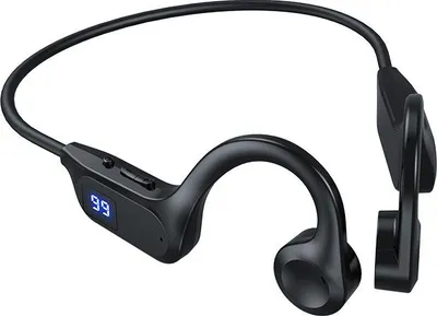 A pair of black bone conduction headphones on a white background.