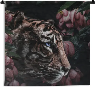 Produktbild von MuchoWow® Wandteppich Wandbehang Tiger - Blumen - Pflanze 150x150 cm Tapisserie Dekoration Wandtuch - Wohnaccessoires - Modernes