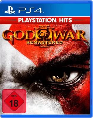 The image is a product shot of the PlayStation 4 game 'God of War Remastered'. It features Kratos's face prominently, with the game's logo and rating displayed.