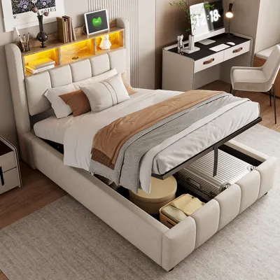 Image de MODFU Lit Coffre Simple 90x200 cm Ado Capitonné avec Éclairage LED et Rangement Hydraulique, Ports USB Intégrés, Tissu Lin - Beige