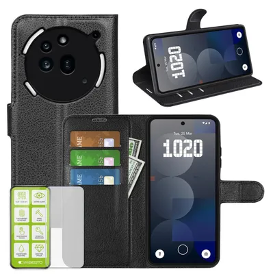 Immagine prodotto di Per Nothing Phone 3a Pro Custodia a libro in Pelle finta per cellulare Nero + Vetro temperato 9H