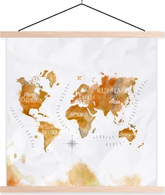 Produktbild von MuchoWow® Textilposter Aquarell - Weltkarten - Gold 40x40 cm mit holzfarbenen Rahmen - Posterleiste