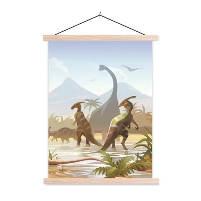 Produktbild von MuchoWow® Textilposter Dinosaurier - Landschaft - Tropisch - Kinder - Jungen 40x53 cm mit holzfarbenen Rahmen - Schlafzimmer