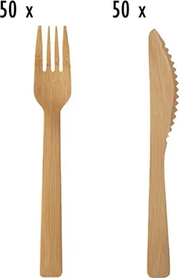 Produktbild von tradingbay24 Einwegbesteck-Set aus Bambus 100 teilig (je 50 Holzgabeln, Holzmesser) tbK0037 Holzbesteck-Set Partybesteck-Set umweltfreundlich biologisch abbaubar