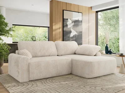 Produktbild von MKS MEBLE Ecksofa CUBO L-form, lose Kissen, Ecksofa 273x187x100 cm mit Schlaffunktion, Bettkasten - Beige Cord - Rechts Seite