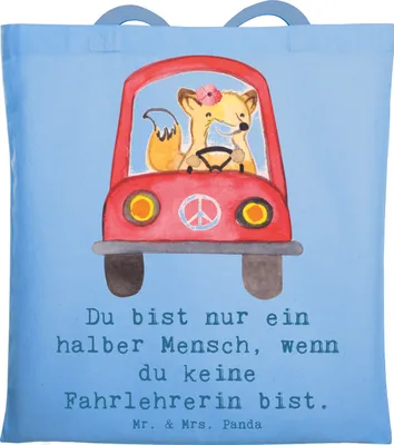Produktbild von Mr. & Mrs. Panda Schultasche Fahrlehrerin Herz - Sky Blue - Geschenk, Shopping Tasche, Fahrschule, Lustig, Spruch, Tragetasche, Beruf, Stoffbeutel, Baumwolltasche, Witzig