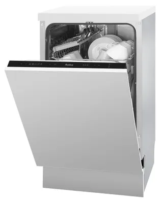 An open dishwasher with dishes inside.