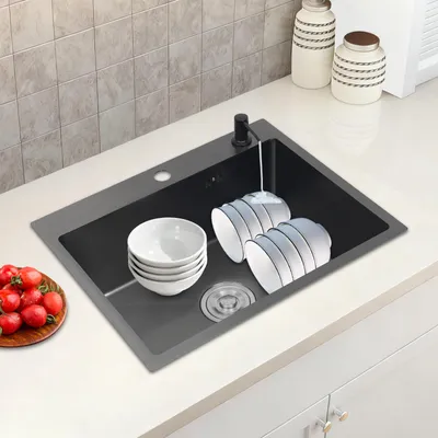 Produktbild von Küchenspüle mit Seifenspender Edelstahl Einbauspüle 55*45*20 cm Schwarz