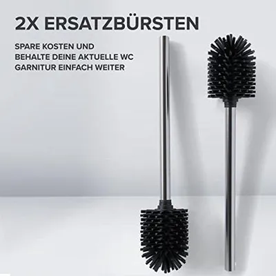 Produktbild von ovimar Ersatzbürste Vesborg |Set aus 2 Stielen und 2 Bürstenköpfen | silber | Griff in Edelstahl | Klobürste mit Silikon Bürstenkopf in schwarz | Toilettenbürste mit wechselbarem Bürstenkopf