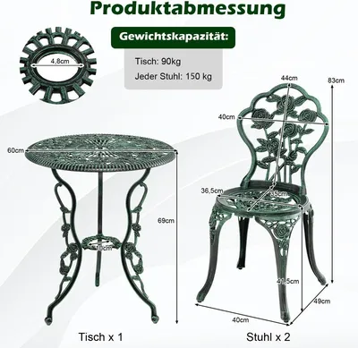 Immagine prodotto di 3 pezzi Antico set da bistrot dal design rosa, set da balcone, set da giardino con 2 sedie