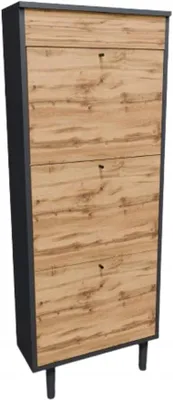Imagen del producto de Zapatero Dotti 531 con diseño moderno escandinavo. Incluye un estante abatible para zapatos y espacio de almacenamiento adicional con una puerta abatible. Cuenta con dos patas cónicas y se puede montar en la pared. (Color: gris antracita y roble Wotan)