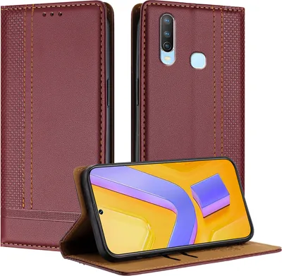 Produktbild von Handyhülle für Vivo Y17 Leder Flip Klappbare Schutzhülle mit Standfunktion Dunkelrot