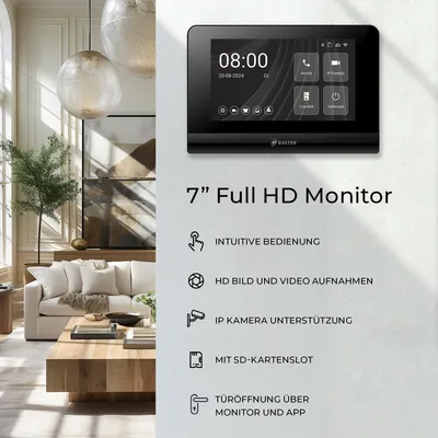 Produktbild von Entri L Video Türsprechanlage, 1 Familienhaus mit 7-Zoll Monitor, 2-Draht, Unterputz, Video Türklingel Smartphone App, Full HD Kamera, schwarz