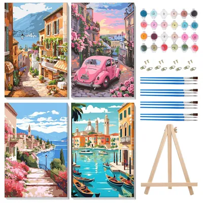 Malen nach Zahlen Set 4er-Pack mit Keilrahmen & Staffelei 20x30 cm