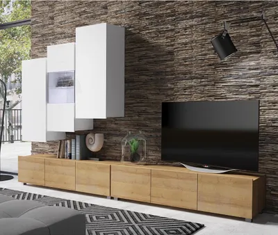 Produktbild von Moderne Wohnwand mit LED Beleuchtung in weiß Hochglanz & Eiche Gold Nb. CAIRNS-132, B/H/T ca. 300/200/43 cm