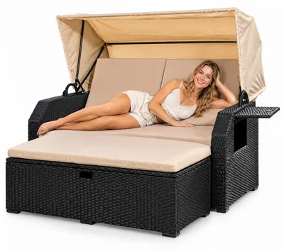 Produktbild von Strandkorb Sonnenbett Polyrattan Relaxliege mit Dach Schwarz Garten