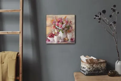 Produktbild von Coloray Hodiny Unikátní 30x30 cm  Tiché hodiny Pro obývací pokoj a kuchyň Nástěnné hodiny Plátno Bílé ručičky hodin - Květiny šálku