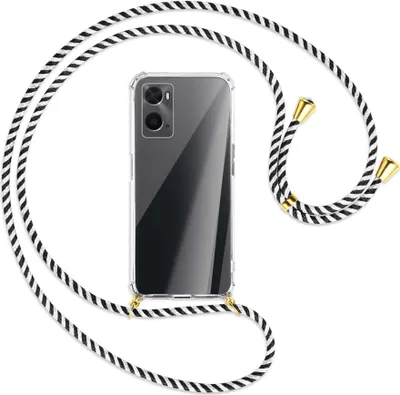 Produktbild von Handykette Backcover-Schutzhülle mit Band (Metall goldfarben) für Oppo A76 - schwarz/weiß gestreift