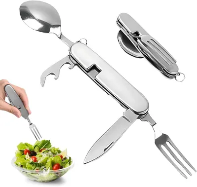 Imagen del producto de Juego de cubiertos plegable 4 en 1, que incluye cuchillo, tenedor, cuchara y abrebotellas, compacto, ideal para camping
