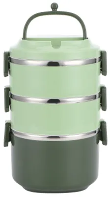 Produktbild von Lunchbox aus Edelstahl – Stapelbar – Lebensmittelbehälter – Auslaufsicher – 3 Fächer – Sicherheitsverschluss mit Kunststoffklickverschluss