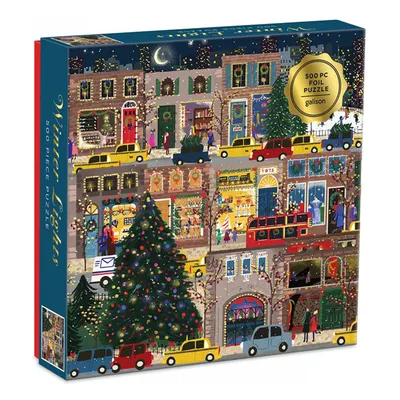 A box of a 500-piece jigsaw puzzle depicting a wintery street scene with buildings, cars, and a Christmas tree.