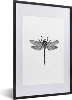 Produktbild von MuchoWow® Gerahmtes Poster Libelle - Insekten - Retro - Schwarz und weiß 40x60 cm - Poster mit Schwarzem Bilderrahmen Wandposter Rahmen Foto Bilder - Poster in Rahmen