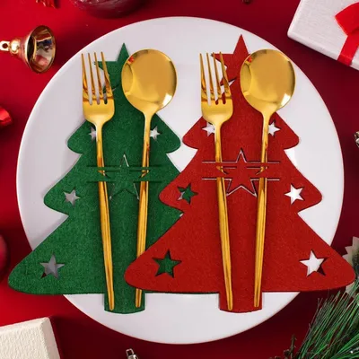 Produktbild von Weihnachten Besteckhalter Filz Tischdeko 8 Stück Tannenbaum Rot Grün