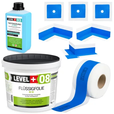 Obrázek produktu pro Hydroizolační sada Tekutá fólie 7kg Těsnicí páska 5mb Základní nátěr 1l Sprcha v koupelně - LEVEL+ SET342