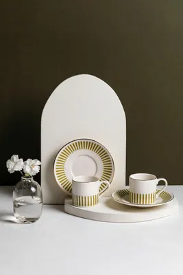 Produktbild von Hermia Concept, Hochwertiges Kaffeetassen-Set (4 Teile) - 100% Porzellan, Weiß/Gold/Grün