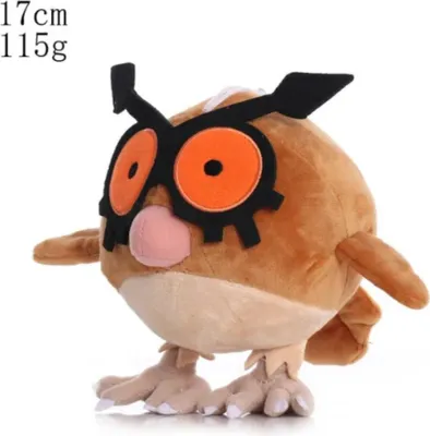 A plush toy of the Pokemon Hoothoot, shown from the side against a white background.