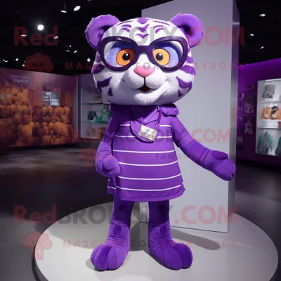 Produktbild von Lila REDBROKOLY Tiger Maskottchen kostüm gekleidet in ein Etuikleid und eine Brille