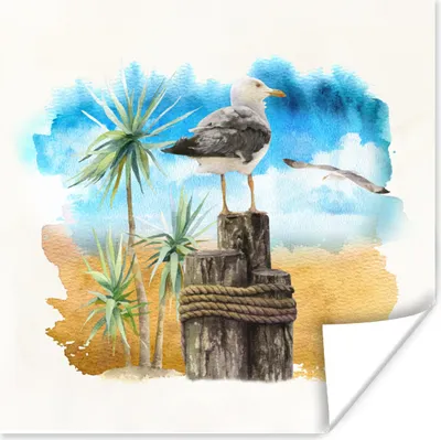 Produktbild von MuchoWow® Poster Vogel - Baum - Strand - Aquarell 100x100 cm - Babyzimmer