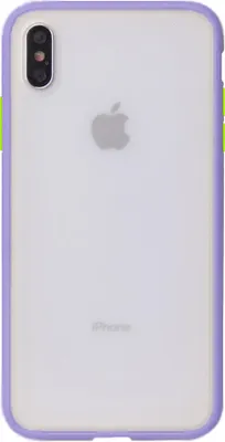 The back of a clear phone case with a purple border, showing the Apple logo and the word 'iPhone' on the phone inside.