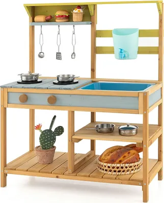 Produktbild von COSTWAY Kinderküche Holz, Spielküche für Kinder mit Wasserfunktion, Holzküche Matschküche Set mit Haken & abnehmbarem Regal, Geschenke für Kinder ab 3 Jahren